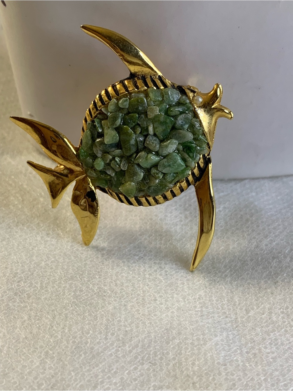 Gold-Tone Green Stone Fish Brooch With Jade Chips- Women's Jewelry